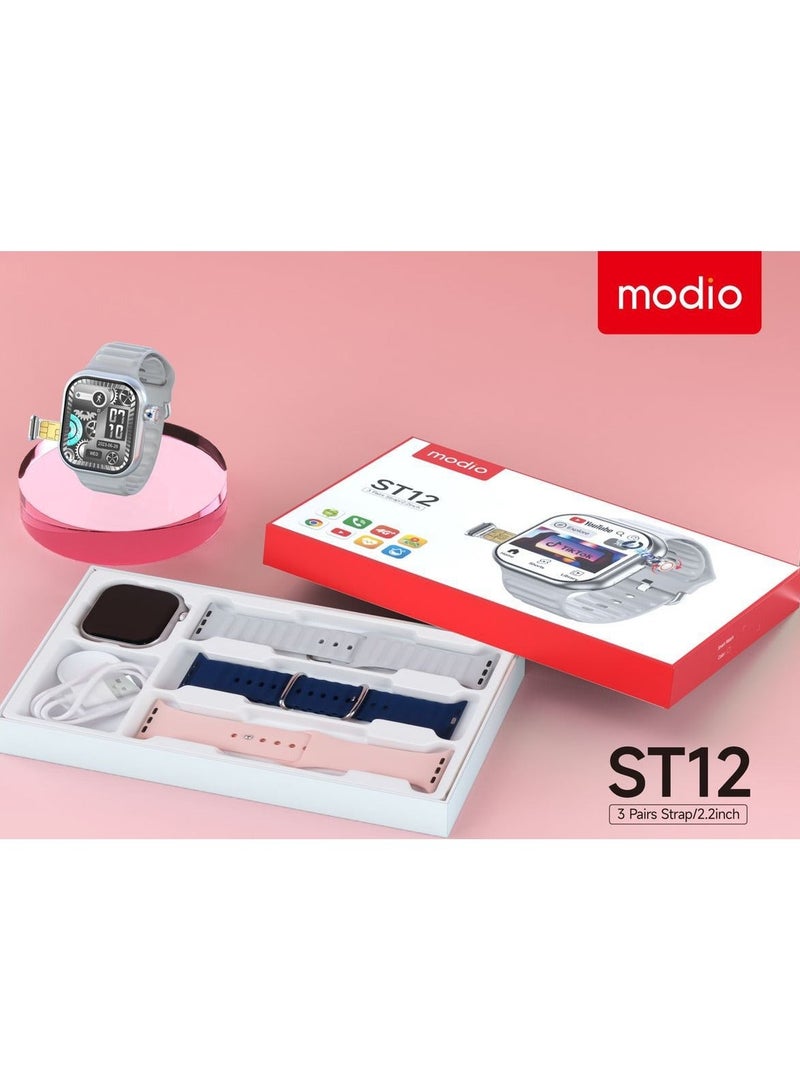 Modio ST12 Smart Watch 2.2 Inch Full Screen Display With 4G SIM card Support 3 Pair Straps and Wireless Charger For Ladies and Gents Silver - Image 3